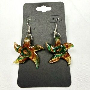 Glitter Starfish Dangle Earrings Coastal Beach Ocean Murano Style Glass